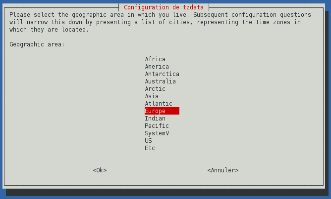 ecran d'accueil de dpkg-reconfigure tzdata