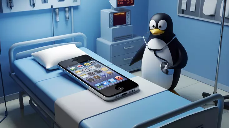 Image d'illustration d'un iPhone malade soigné par un pingouin